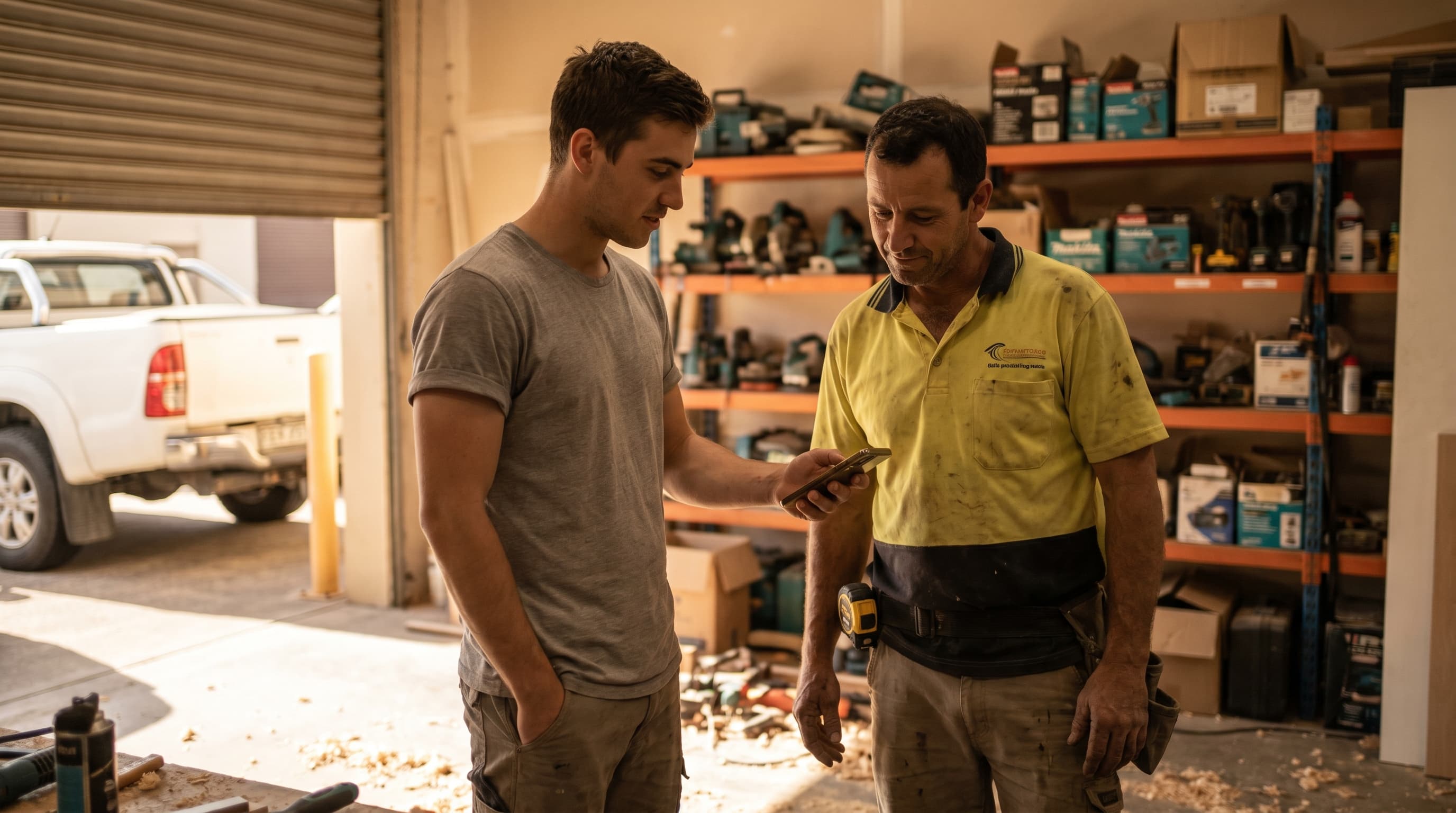 Ben showing a client their new website on his phone in their workshop